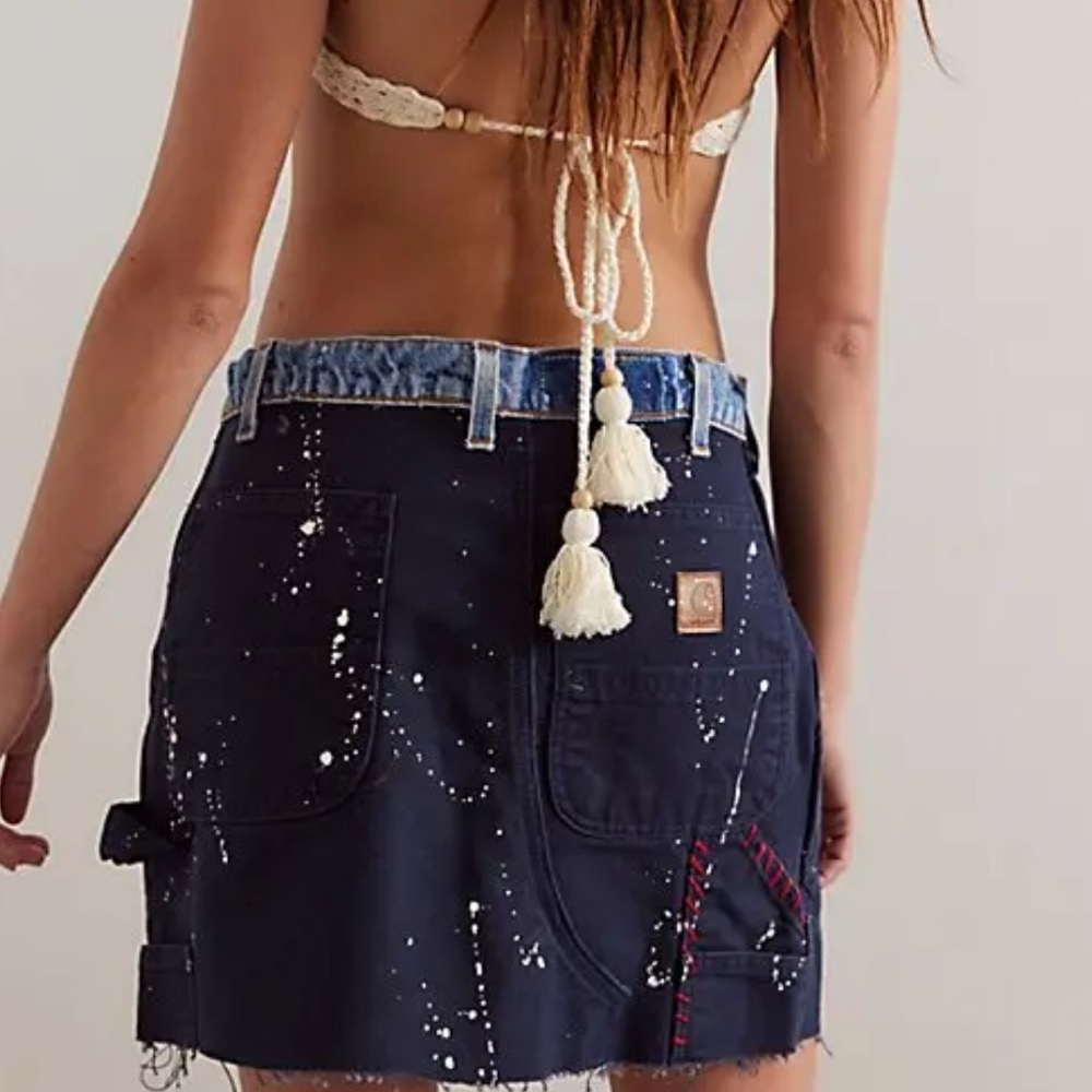 Free people x Tricia Fix x carhartt Blue Denim Skirt with Artistic Splatter